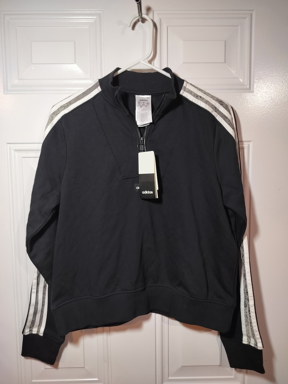 adidas Women’s Black Crew-Neck Sweater with White Stripe Sleeves